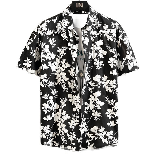black white floral men's Hawaiian shirt