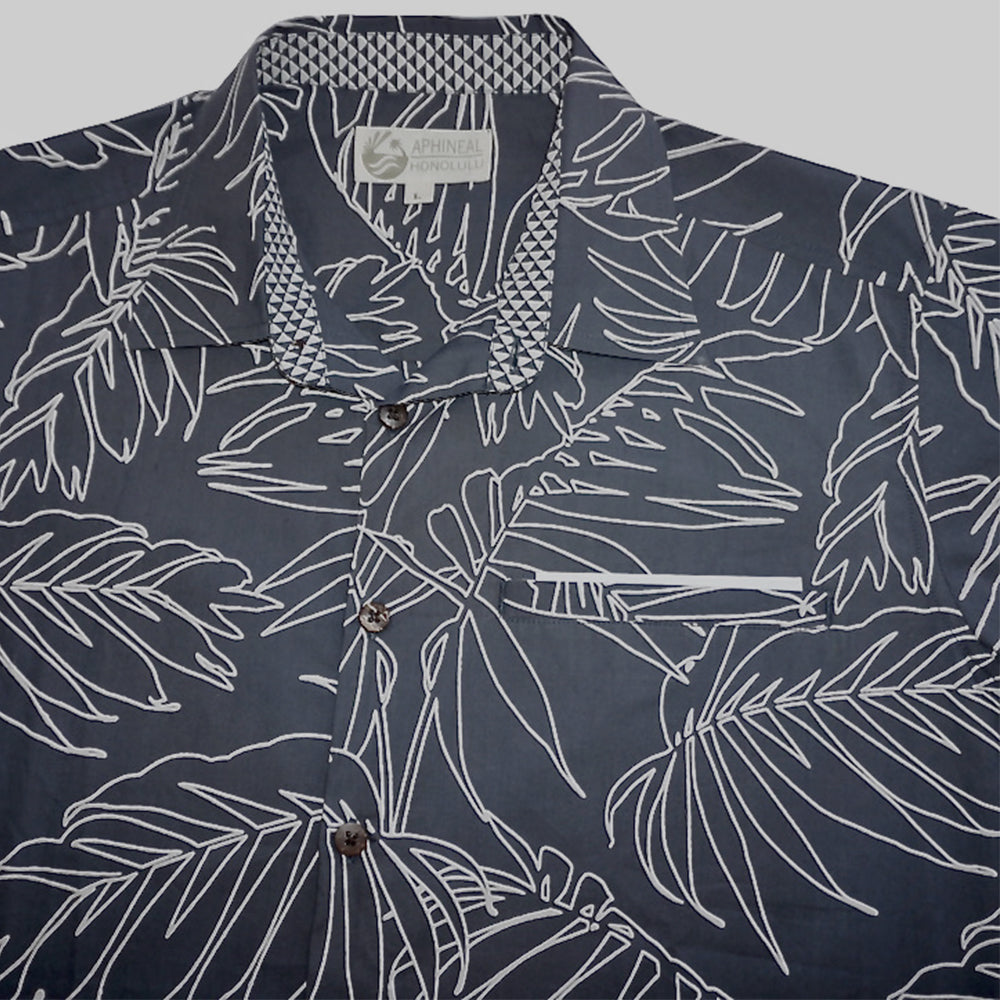 Palm Leaf pattern on blue Hawaiian Aloha shirt with collar motif and pocket