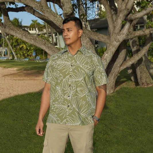 Men's Green Hawaiian aloha shirt with a palm leaf print.