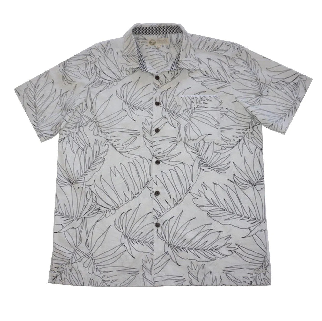 Hawaiian shirt with palm leaf design kapa print collar, standard pocket and coconut buttons laid flat..