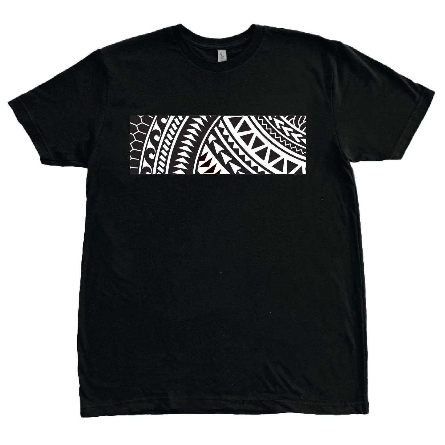 black t-shirt with Hawaiian tribal design in white. Shown on flat surface.