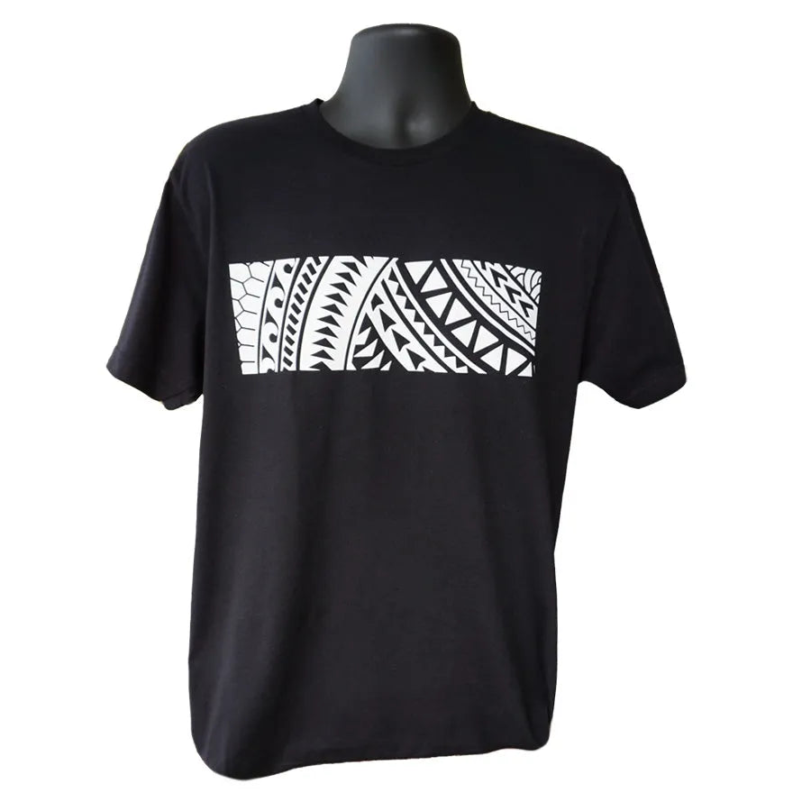 Black t-shirt with Hawaiian tribal design in white. T-shirt shown on a mannequin.