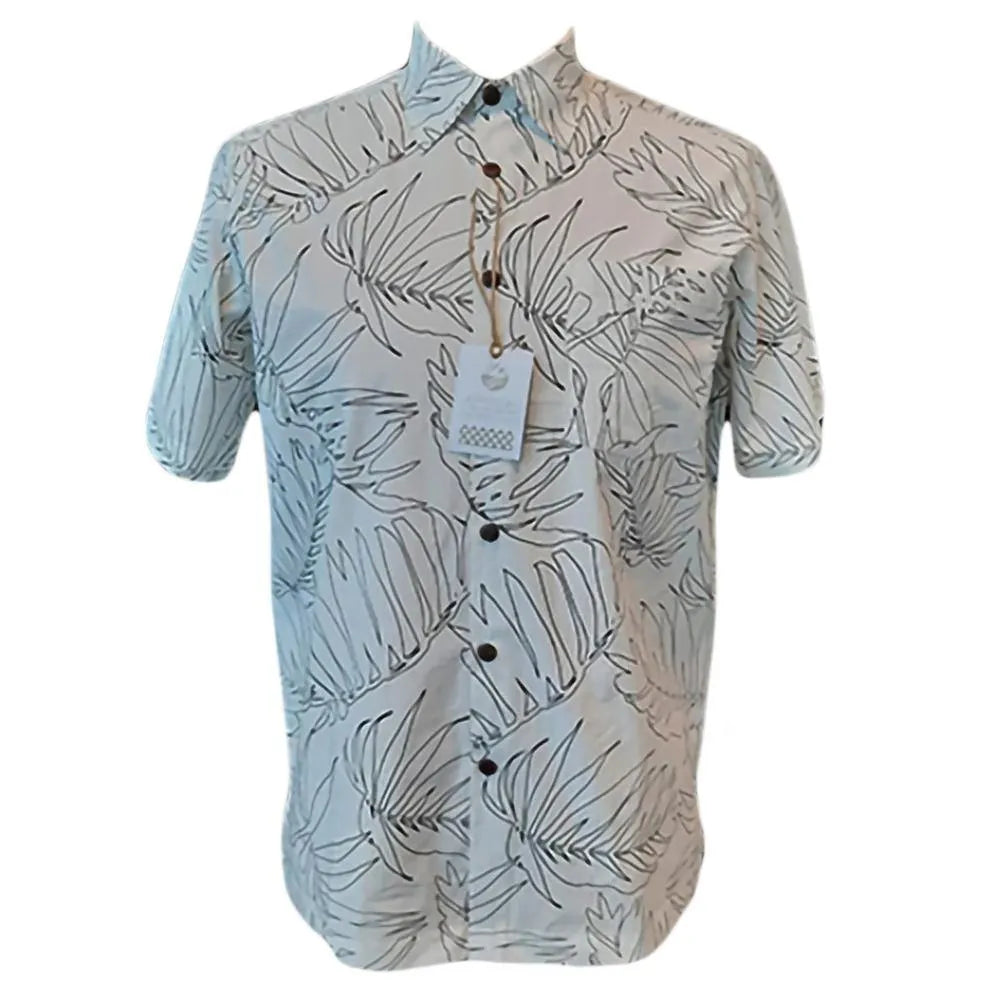 Man's white Hawaiian aloha button down shirt on mannequin.