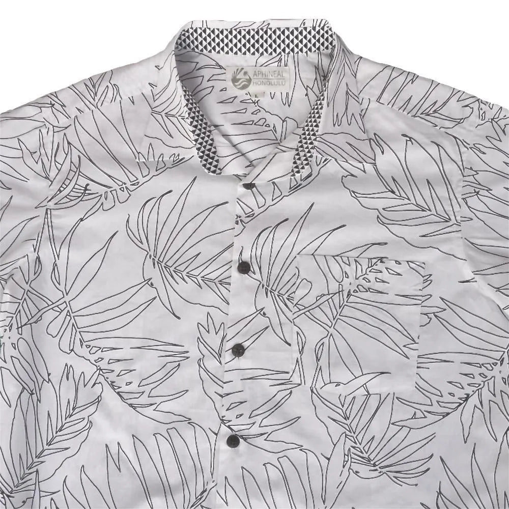 Man's white Hawaiian aloha button down shirt with a closeup of the collar.